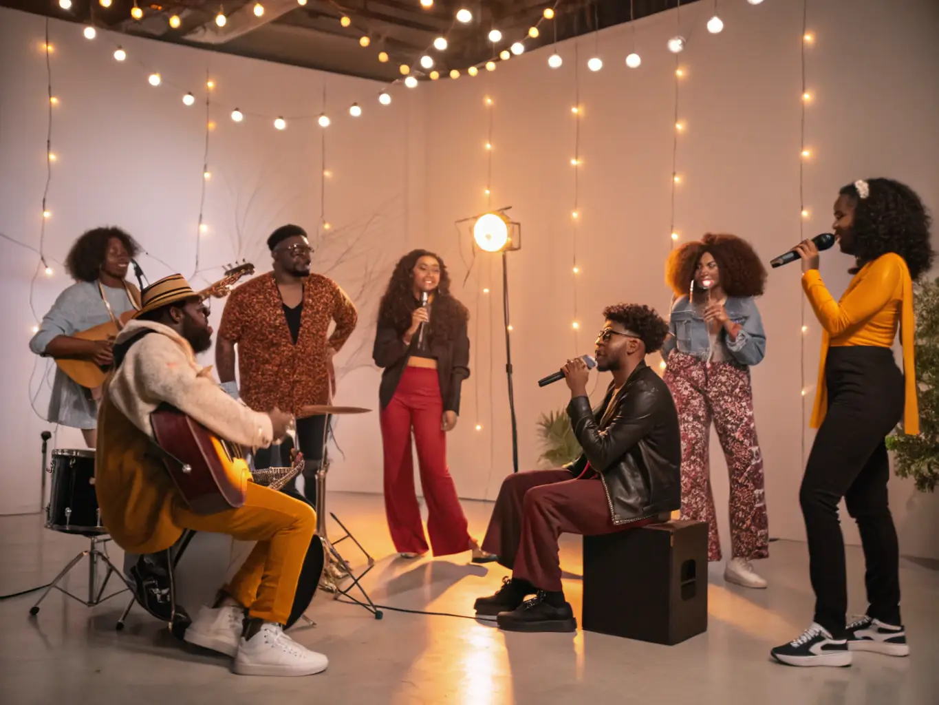 A diverse group of performers, including a musician, a magician, and a comedian, standing together, representing the variety of talent available on LumoPort.