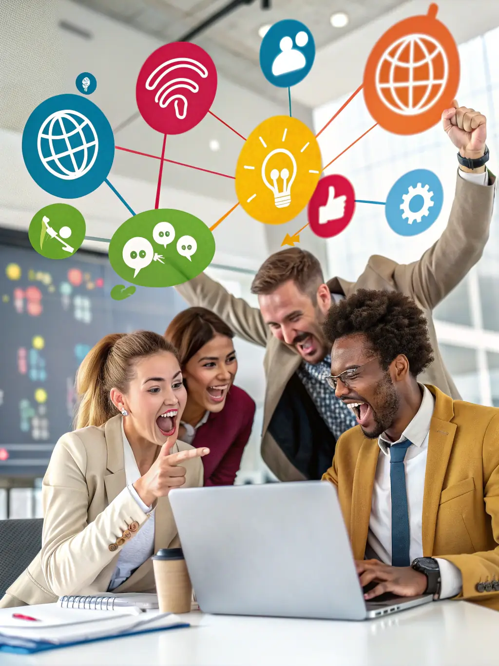 A diverse group of performers and venue owners interacting positively through the LumoPort platform, emphasizing the sense of community and mutual benefit.