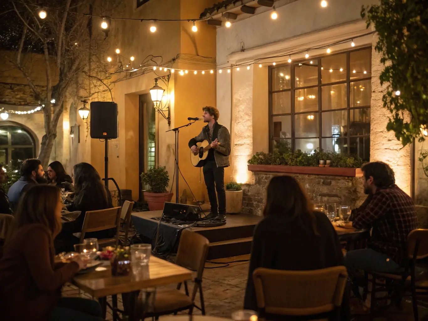 A musician is setting up their equipment on stage in a dimly lit pub, preparing for a live performance. The atmosphere is intimate and inviting, with a small crowd gathering.